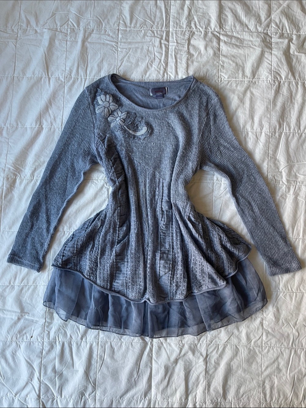 Women's Gray Layered Knit Peplum Top with Chiffon Hem